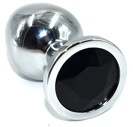 Серебристая анальная пробка с черным кристаллом, 8,5х3 см - фото 144043
