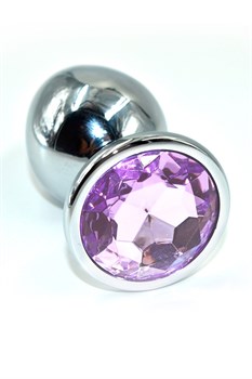 Серебряная анальная пробка с нежно-фиолетовым кристаллом, 10х4,6 см
