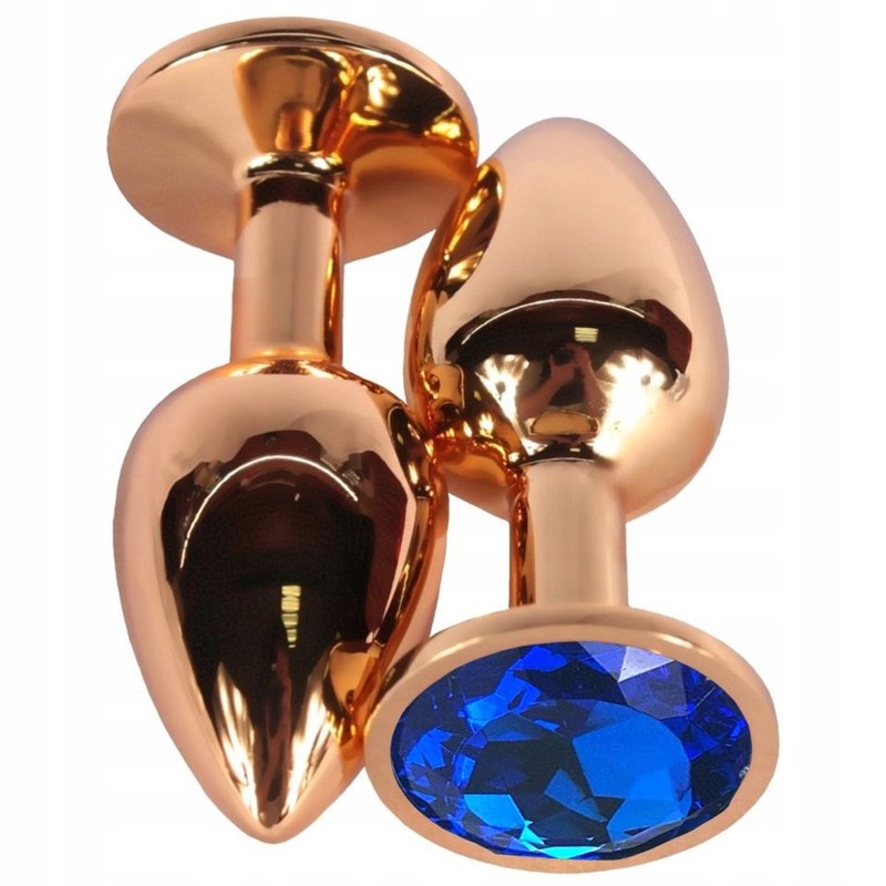 Золотистая анальная пробка с синим кристаллом, 7,5х3,4 см 241917